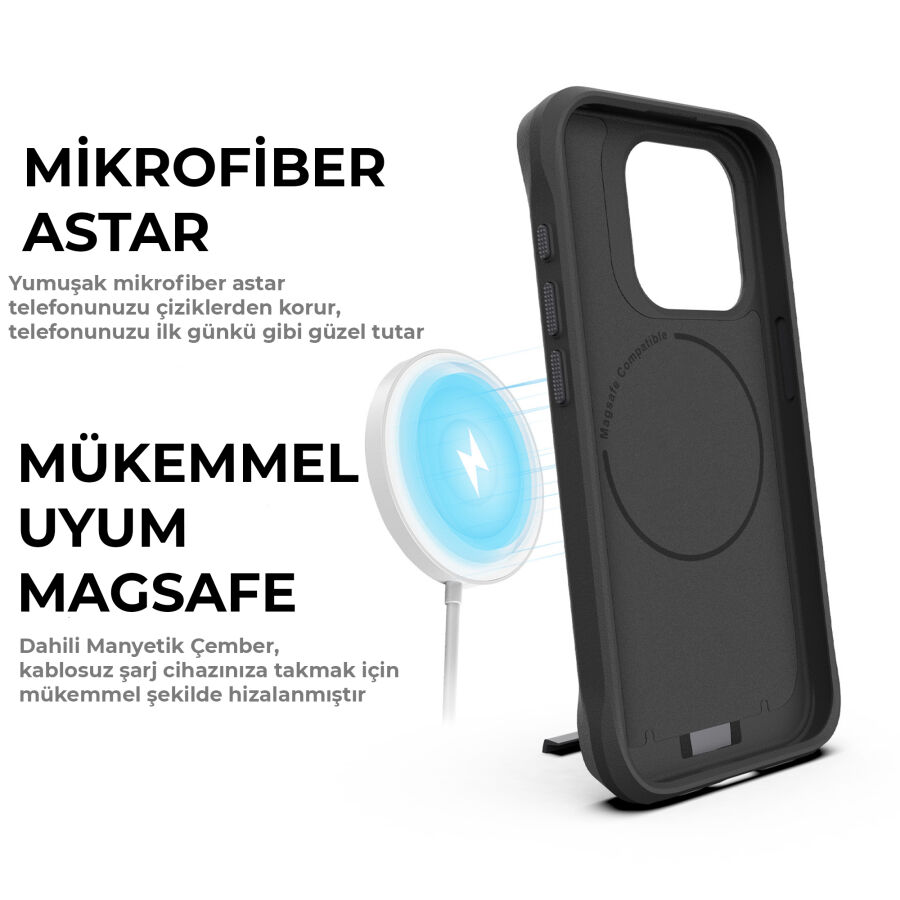Bix iPhone 15 Pro Max Vortex MagSafe Kılıf Stand Özellikli 3X Korumalı Mikro Fiber İç Yüzey Siyah - 10