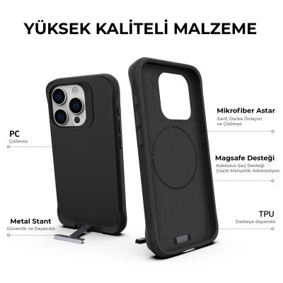 Bix iPhone 15 Pro Max Vortex MagSafe Kılıf Stand Özellikli 3X Korumalı Mikro Fiber İç Yüzey Siyah - 11
