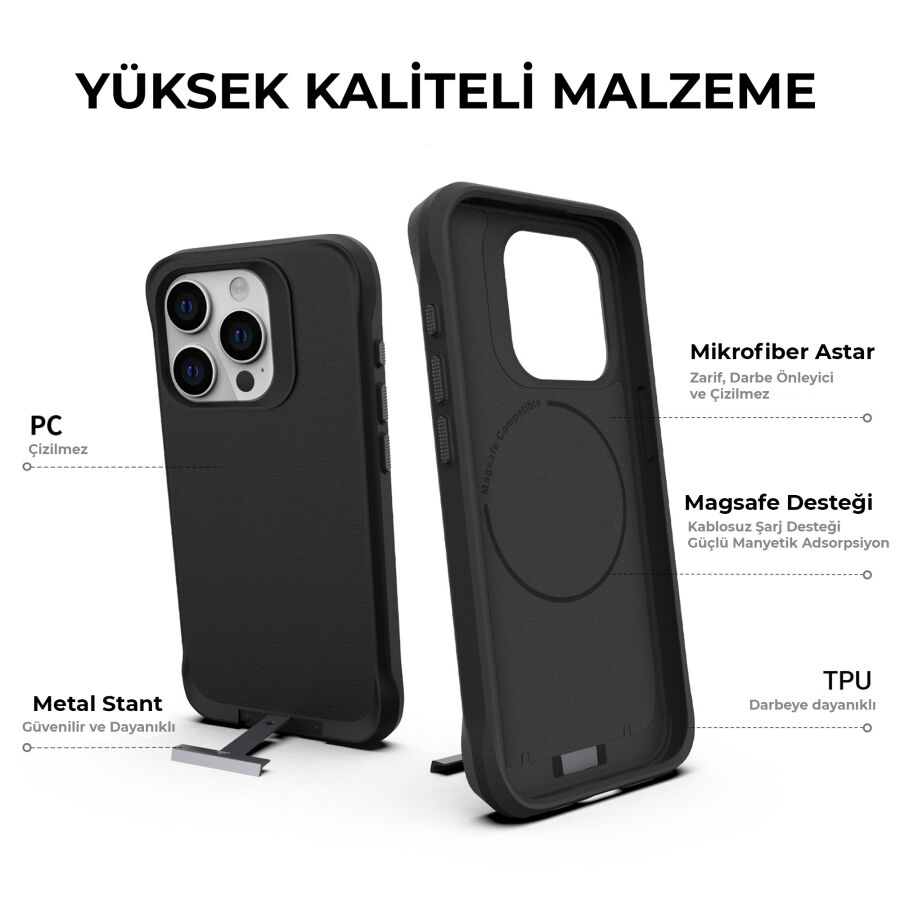 Bix iPhone 15 Pro Max Vortex MagSafe Kılıf Stand Özellikli 3X Korumalı Mikro Fiber İç Yüzey Siyah - 11