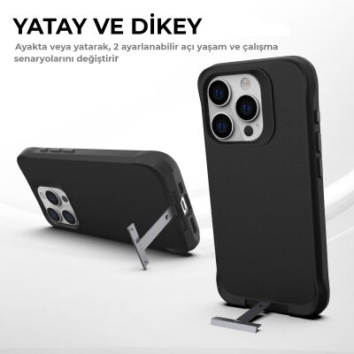 Bix iPhone 15 Pro Max Vortex MagSafe Kılıf Stand Özellikli 3X Korumalı Mikro Fiber İç Yüzey Siyah - 12