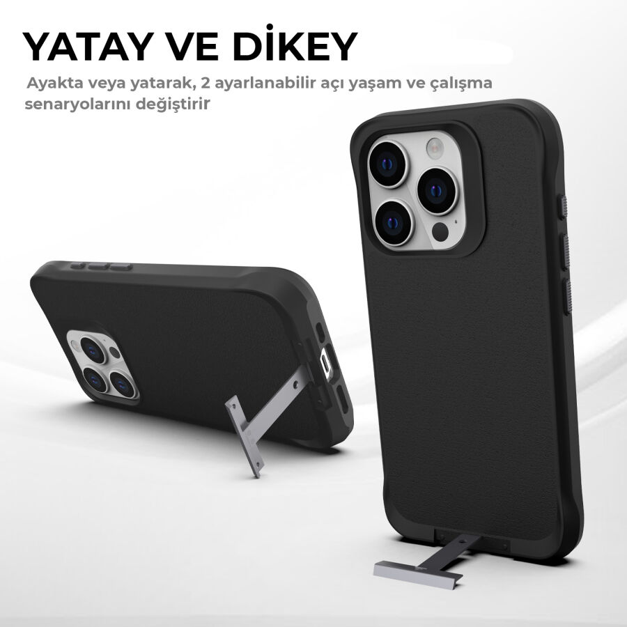 Bix iPhone 15 Pro Max Vortex MagSafe Kılıf Stand Özellikli 3X Korumalı Mikro Fiber İç Yüzey Siyah - 12