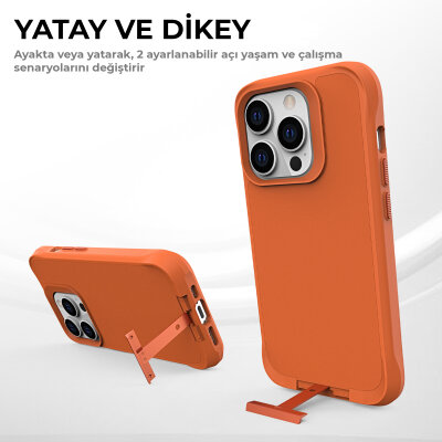 Bix iPhone 15 Pro Max Vortex MagSafe Kılıf Stand Özellikli 3X Korumalı Mikro Fiber İç Yüzey Turuncu - 8
