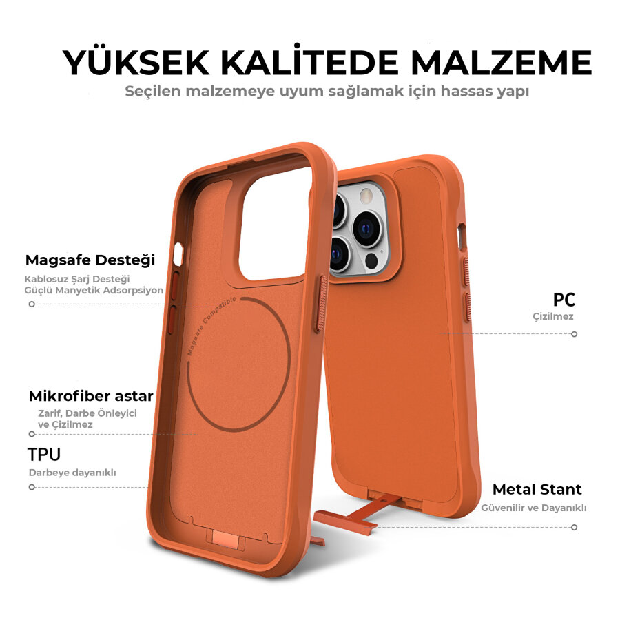 Bix iPhone 15 Pro Max Vortex MagSafe Kılıf Stand Özellikli 3X Korumalı Mikro Fiber İç Yüzey Turuncu - 11