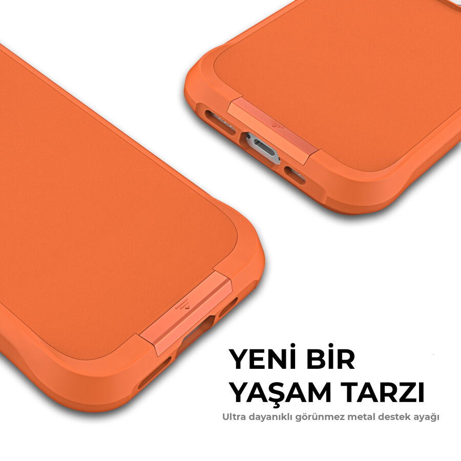 Bix iPhone 15 Pro Max Vortex MagSafe Kılıf Stand Özellikli 3X Korumalı Mikro Fiber İç Yüzey Turuncu - 9