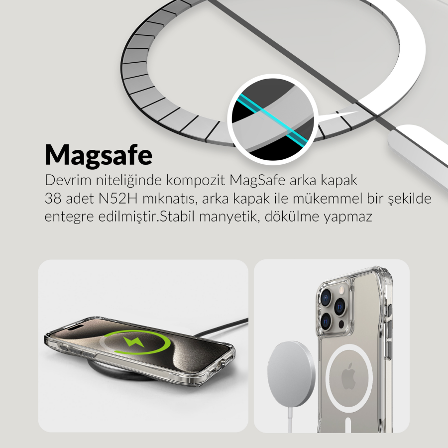 Bix iPhone 15 Pro Octagon Hava Yastıklı MagSafe Kılıf Maksimum Korumalı Antrasit Kristal Şeffaf  - 8