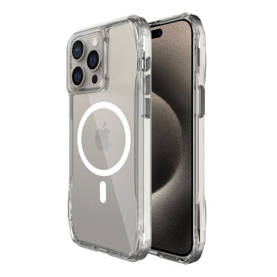 Bix iPhone 15 Pro Octagon Hava Yastıklı MagSafe Kılıf Maksimum Korumalı Antrasit Kristal Şeffaf  
