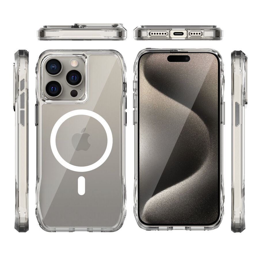 Bix iPhone 15 Pro Octagon Hava Yastıklı MagSafe Kılıf Maksimum Korumalı Antrasit Kristal Şeffaf  - 4
