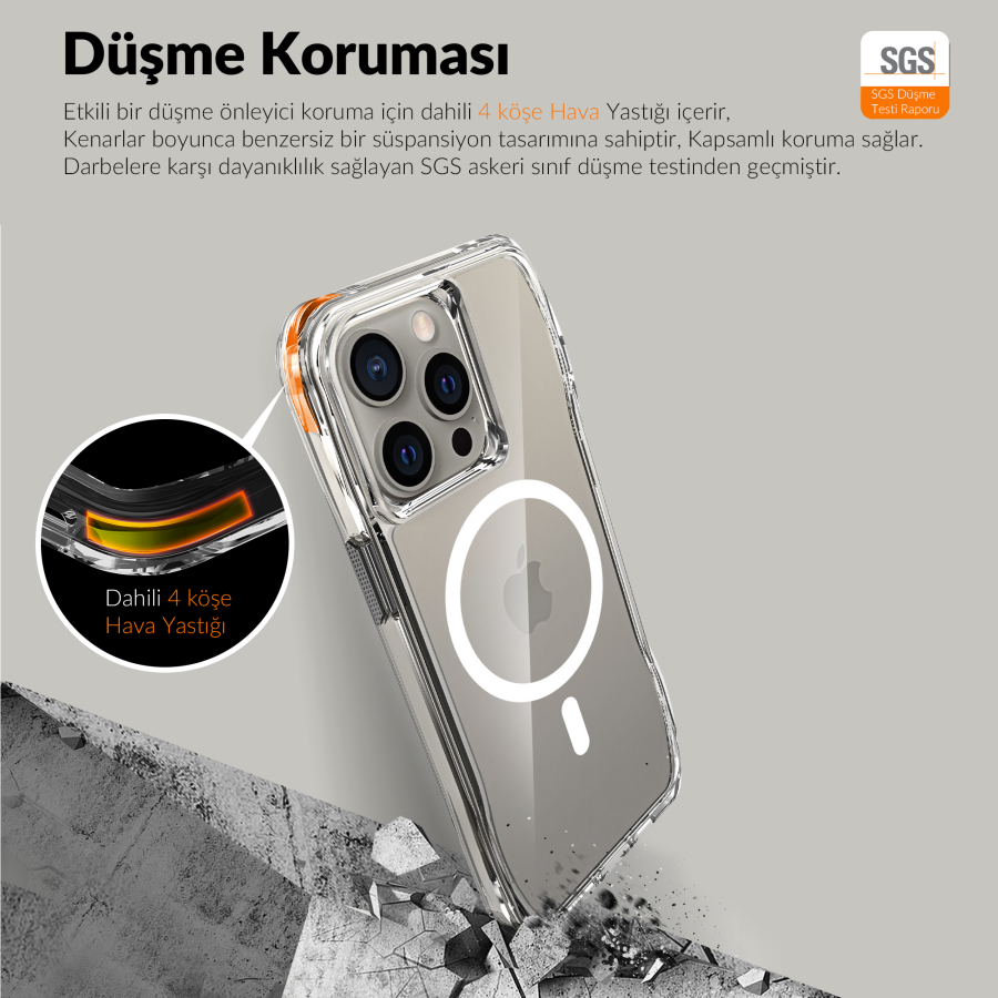 Bix iPhone 15 Pro Octagon Hava Yastıklı MagSafe Kılıf Maksimum Korumalı Antrasit Kristal Şeffaf  - 12