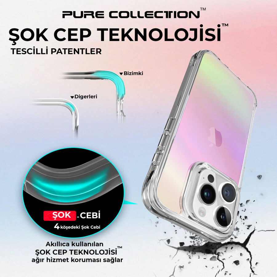 Bix iPhone 15 Pro Pure Rainbow Renk Geçişli Şeffaf Kılıf Çizilmeye Dayanıklı Darbe Emici Pembe - 6