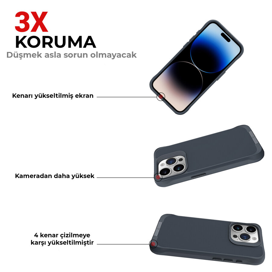 Bix iPhone 15 Pro Vortex MagSafe Kılıf Stand Özellikli 3X Korumalı Mikro Fiber İç Yüzey Gri Mavi - 5