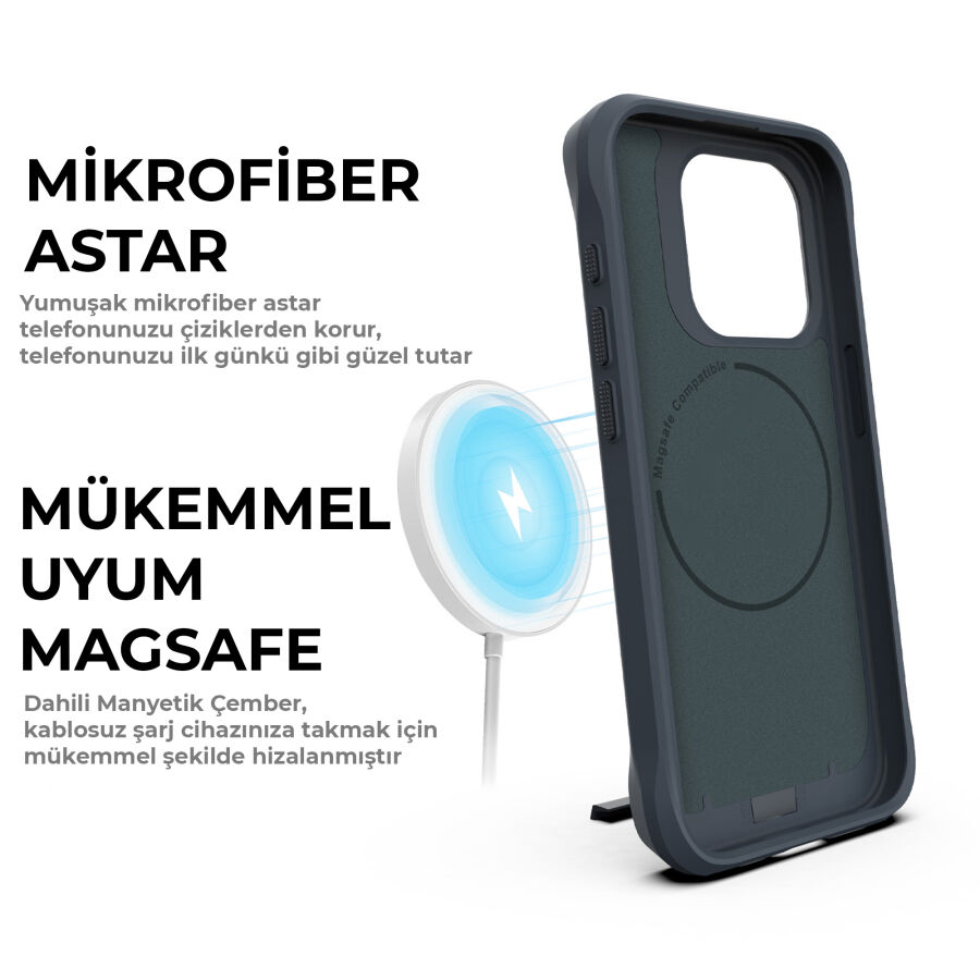 Bix iPhone 15 Pro Vortex MagSafe Kılıf Stand Özellikli 3X Korumalı Mikro Fiber İç Yüzey Gri Mavi - 12