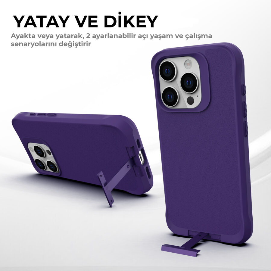 Bix iPhone 15 Pro Vortex MagSafe Kılıf Stand Özellikli 3X Korumalı Mikro Fiber İç Yüzey Koyu Mor - 9
