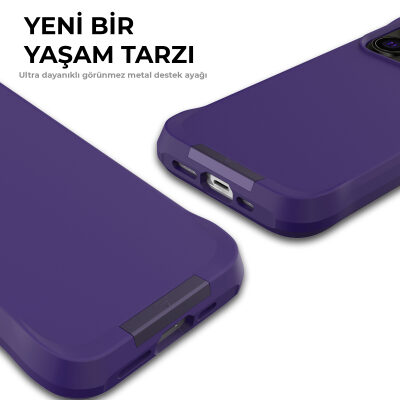Bix iPhone 15 Pro Vortex MagSafe Kılıf Stand Özellikli 3X Korumalı Mikro Fiber İç Yüzey Koyu Mor - 10