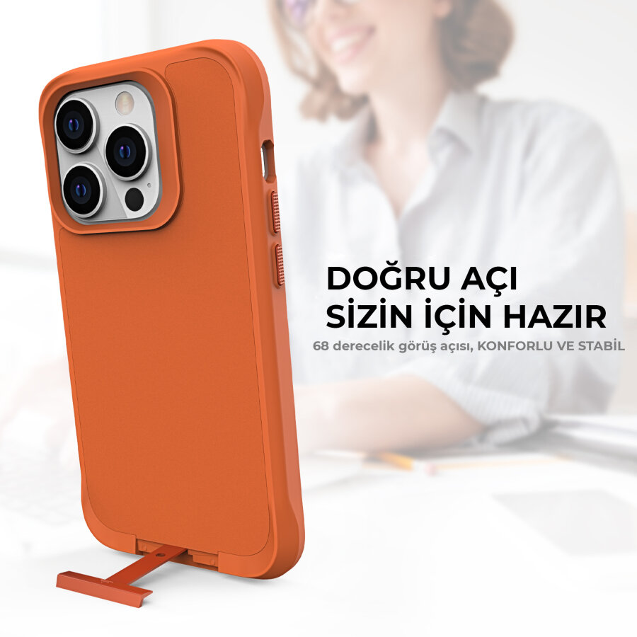 Bix iPhone 15 Pro Vortex MagSafe Kılıf Stand Özellikli 3X Korumalı Mikro Fiber İç Yüzey Turuncu - 6