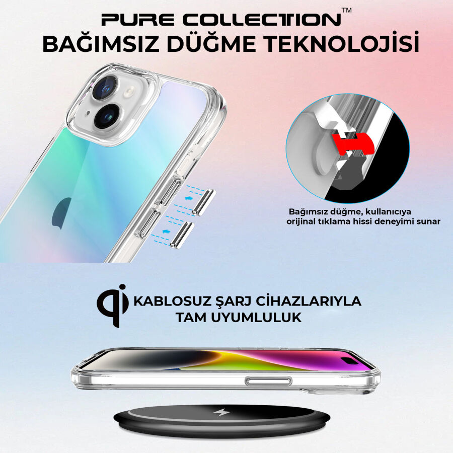 Bix iPhone 15 Pure Rainbow Renk Geçişli Şeffaf Kılıf Çizilmeye Dayanıklı Darbe Emici Mavi - 7