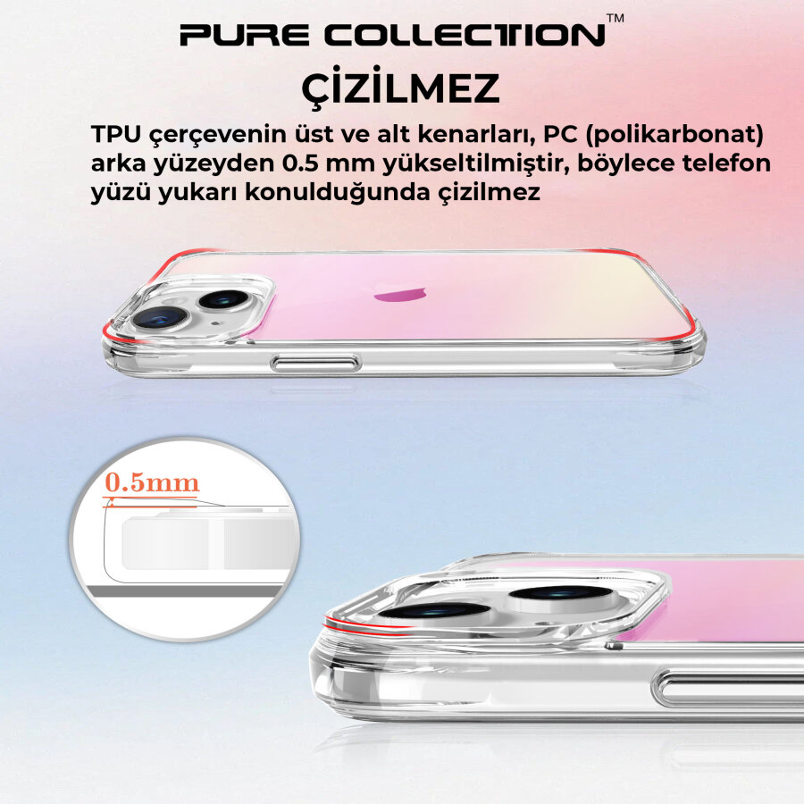 Bix iPhone 15 Pure Rainbow Renk Geçişli Şeffaf Kılıf Çizilmeye Dayanıklı Darbe Emici Pembe - 13
