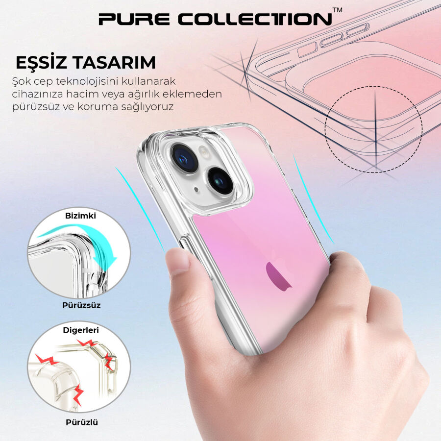 Bix iPhone 15 Pure Rainbow Renk Geçişli Şeffaf Kılıf Çizilmeye Dayanıklı Darbe Emici Pembe - 12
