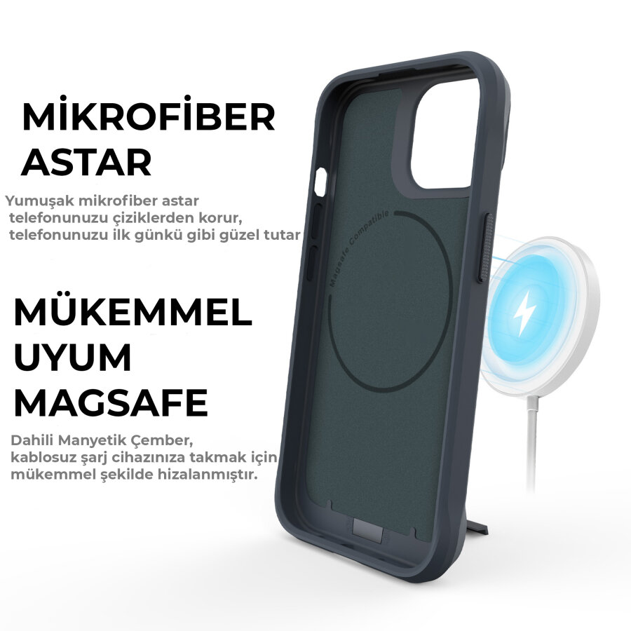 Bix iPhone 15 Vortex MagSafe Kılıf Stand Özellikli 3X Korumalı Mikro Fiber İç Yüzey Gri Mavi - 10
