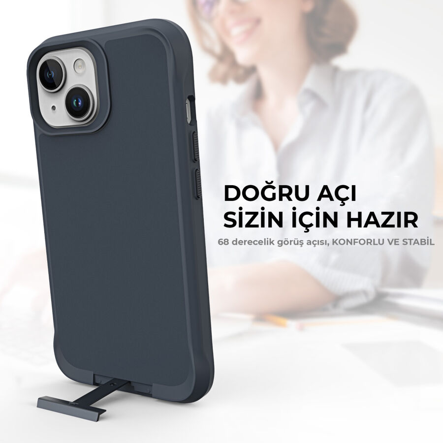 Bix iPhone 15 Vortex MagSafe Kılıf Stand Özellikli 3X Korumalı Mikro Fiber İç Yüzey Gri Mavi - 6