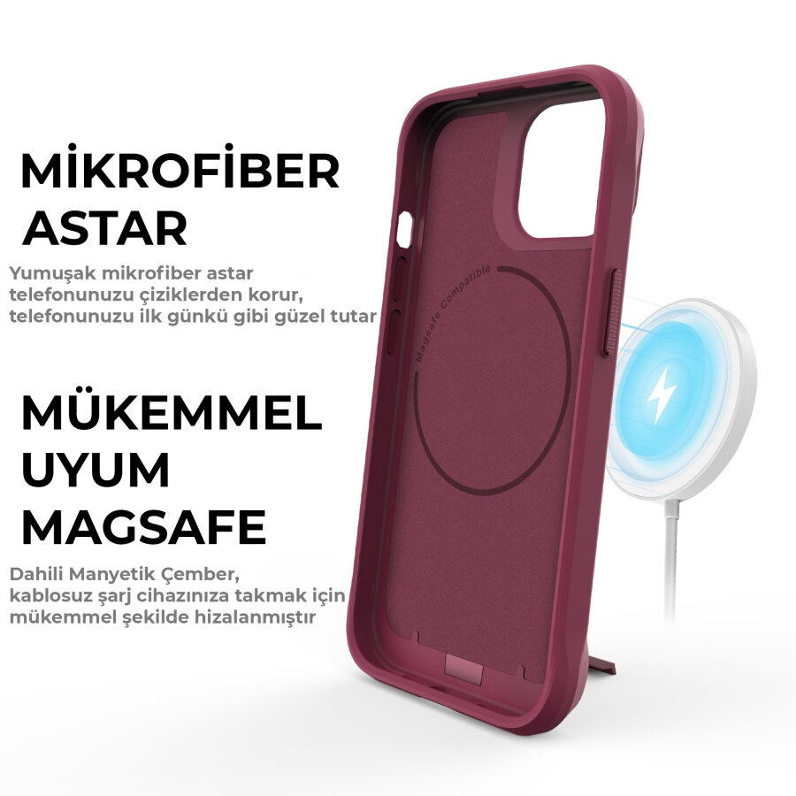Bix iPhone 15 Vortex MagSafe Kılıf Stand Özellikli 3X Korumalı Mikro Fiber İç Yüzey Kırmızı - 10