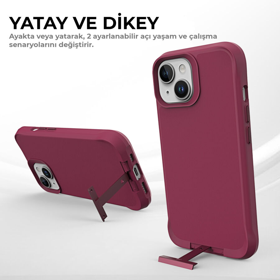 Bix iPhone 15 Vortex MagSafe Kılıf Stand Özellikli 3X Korumalı Mikro Fiber İç Yüzey Kırmızı - 7
