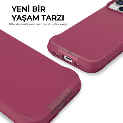 Bix iPhone 15 Vortex MagSafe Kılıf Stand Özellikli 3X Korumalı Mikro Fiber İç Yüzey Kırmızı - 8