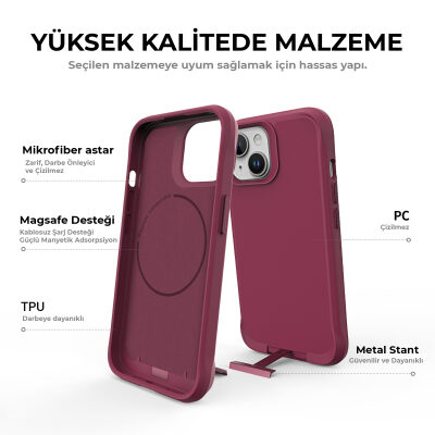 Bix iPhone 15 Vortex MagSafe Kılıf Stand Özellikli 3X Korumalı Mikro Fiber İç Yüzey Kırmızı - 11