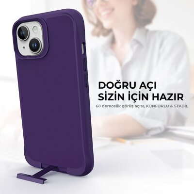 Bix iPhone 15 Vortex MagSafe Kılıf Stand Özellikli 3X Korumalı Mikro Fiber İç Yüzey Koyu Mor - 6