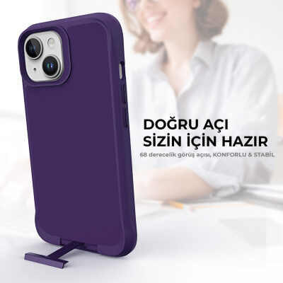 Bix iPhone 15 Vortex MagSafe Kılıf Stand Özellikli 3X Korumalı Mikro Fiber İç Yüzey Koyu Mor - 6