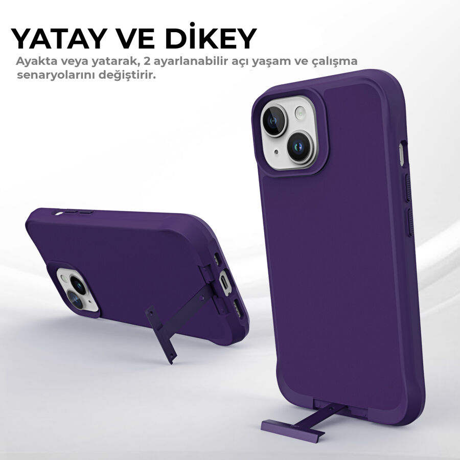 Bix iPhone 15 Vortex MagSafe Kılıf Stand Özellikli 3X Korumalı Mikro Fiber İç Yüzey Koyu Mor - 8