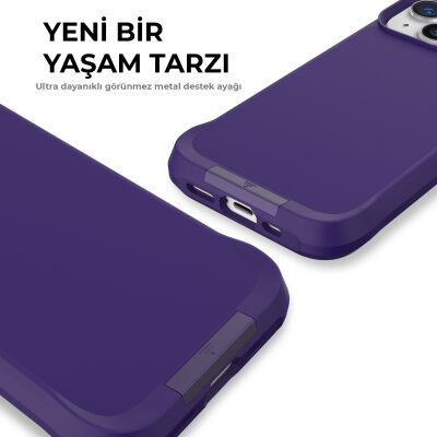 Bix iPhone 15 Vortex MagSafe Kılıf Stand Özellikli 3X Korumalı Mikro Fiber İç Yüzey Koyu Mor - 9