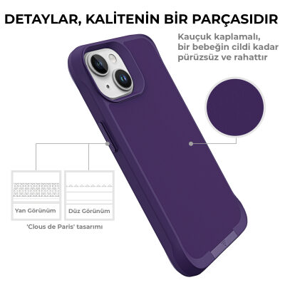 Bix iPhone 15 Vortex MagSafe Kılıf Stand Özellikli 3X Korumalı Mikro Fiber İç Yüzey Koyu Mor - 10