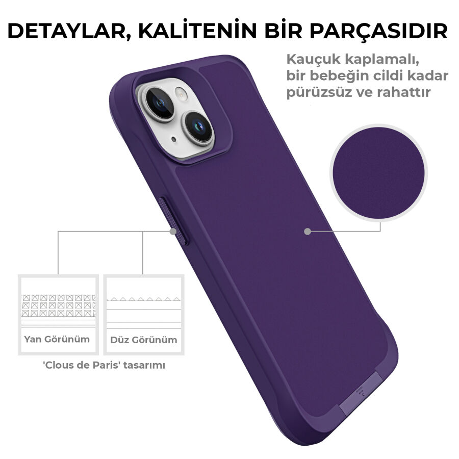 Bix iPhone 15 Vortex MagSafe Kılıf Stand Özellikli 3X Korumalı Mikro Fiber İç Yüzey Koyu Mor - 10