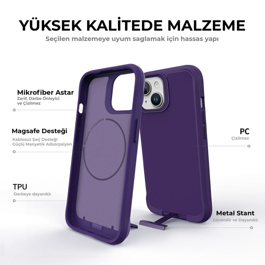 Bix iPhone 15 Vortex MagSafe Kılıf Stand Özellikli 3X Korumalı Mikro Fiber İç Yüzey Koyu Mor - 12