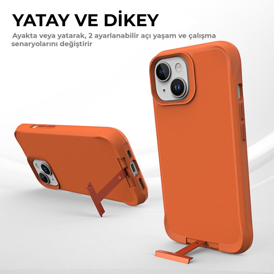 Bix iPhone 15 Vortex MagSafe Kılıf Stand Özellikli 3X Korumalı Mikro Fiber İç Yüzey Turuncu - 8