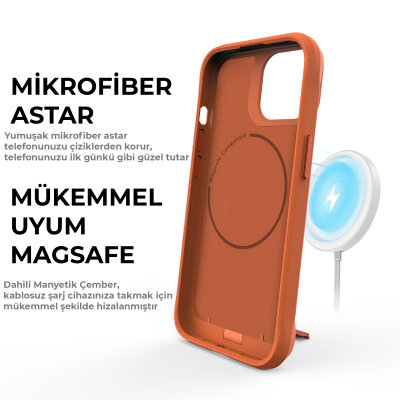 Bix iPhone 15 Vortex MagSafe Kılıf Stand Özellikli 3X Korumalı Mikro Fiber İç Yüzey Turuncu - 11