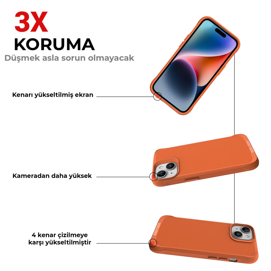 Bix iPhone 15 Vortex MagSafe Kılıf Stand Özellikli 3X Korumalı Mikro Fiber İç Yüzey Turuncu - 5