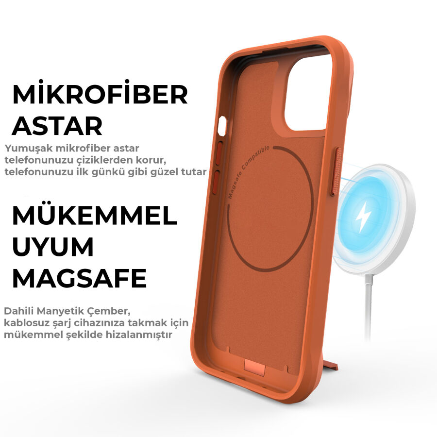 Bix iPhone 15 Vortex MagSafe Kılıf Stand Özellikli 3X Korumalı Mikro Fiber İç Yüzey Turuncu - 11