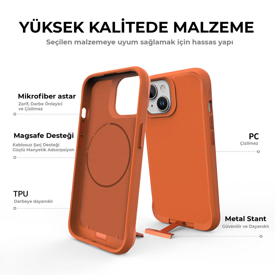 Bix iPhone 15 Vortex MagSafe Kılıf Stand Özellikli 3X Korumalı Mikro Fiber İç Yüzey Turuncu - 12