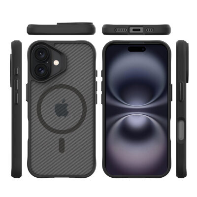 Bix iPhone 16 Carbon Fiber Force MagSafe Kılıf Anti-Şok Teknolojili Kamera ve Ekran Korumalı 