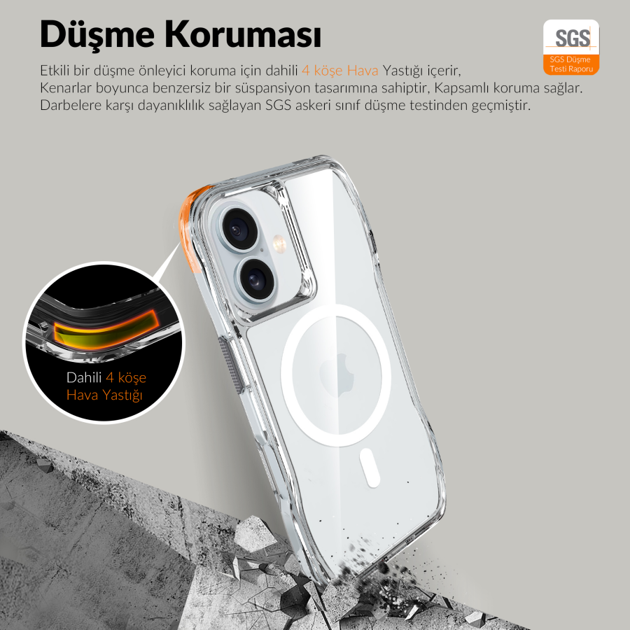 Bix iPhone 16 Octagon Hava Yastıklı MagSafe Kılıf Maksimum Korumalı Antrasit Kristal Şeffaf  - 9