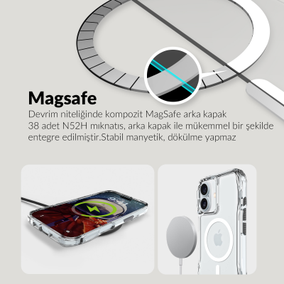 Bix iPhone 16 Plus Octagon Hava Yastıklı MagSafe Kılıf Maksimum Korumalı Antrasit Kristal Şeffaf  - 9