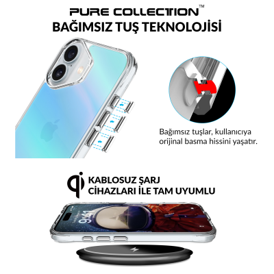 Bix iPhone 16 Plus Pure Rainbow Renk Geçişli Şeffaf Kılıf Çizilmeye Dayanıklı Darbe Emici Mavi - 13