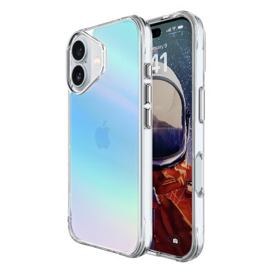 Bix iPhone 16 Plus Pure Rainbow Renk Geçişli Şeffaf Kılıf Çizilmeye Dayanıklı Darbe Emici Mavi 