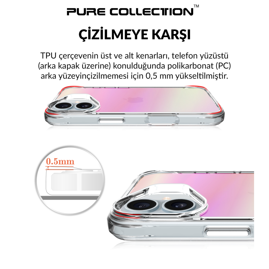 Bix iPhone 16 Plus Pure Rainbow Renk Geçişli Şeffaf Kılıf Çizilmeye Dayanıklı Darbe Emici Pembe - 5