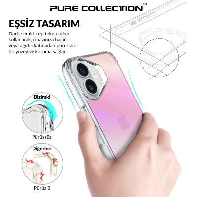 Bix iPhone 16 Plus Pure Rainbow Renk Geçişli Şeffaf Kılıf Çizilmeye Dayanıklı Darbe Emici Pembe - 6