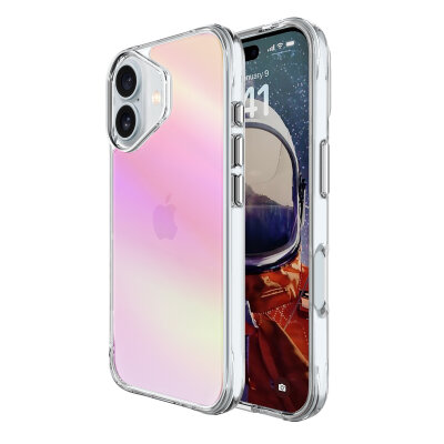 Bix iPhone 16 Plus Pure Rainbow Renk Geçişli Şeffaf Kılıf Çizilmeye Dayanıklı Darbe Emici Pembe 
