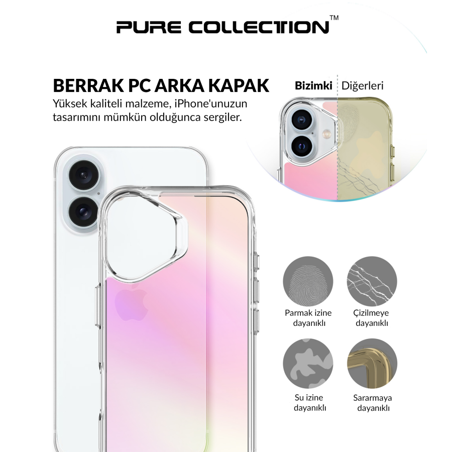 Bix iPhone 16 Plus Pure Rainbow Renk Geçişli Şeffaf Kılıf Çizilmeye Dayanıklı Darbe Emici Pembe - 8