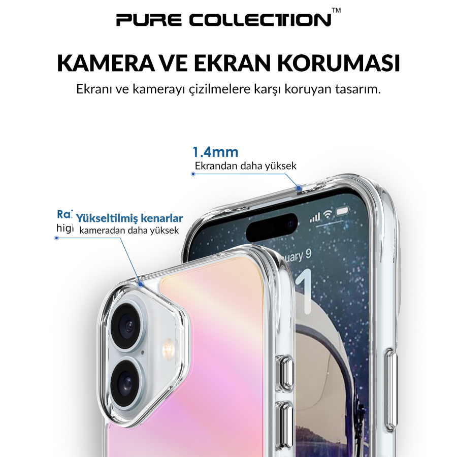 Bix iPhone 16 Plus Pure Rainbow Renk Geçişli Şeffaf Kılıf Çizilmeye Dayanıklı Darbe Emici Pembe - 9