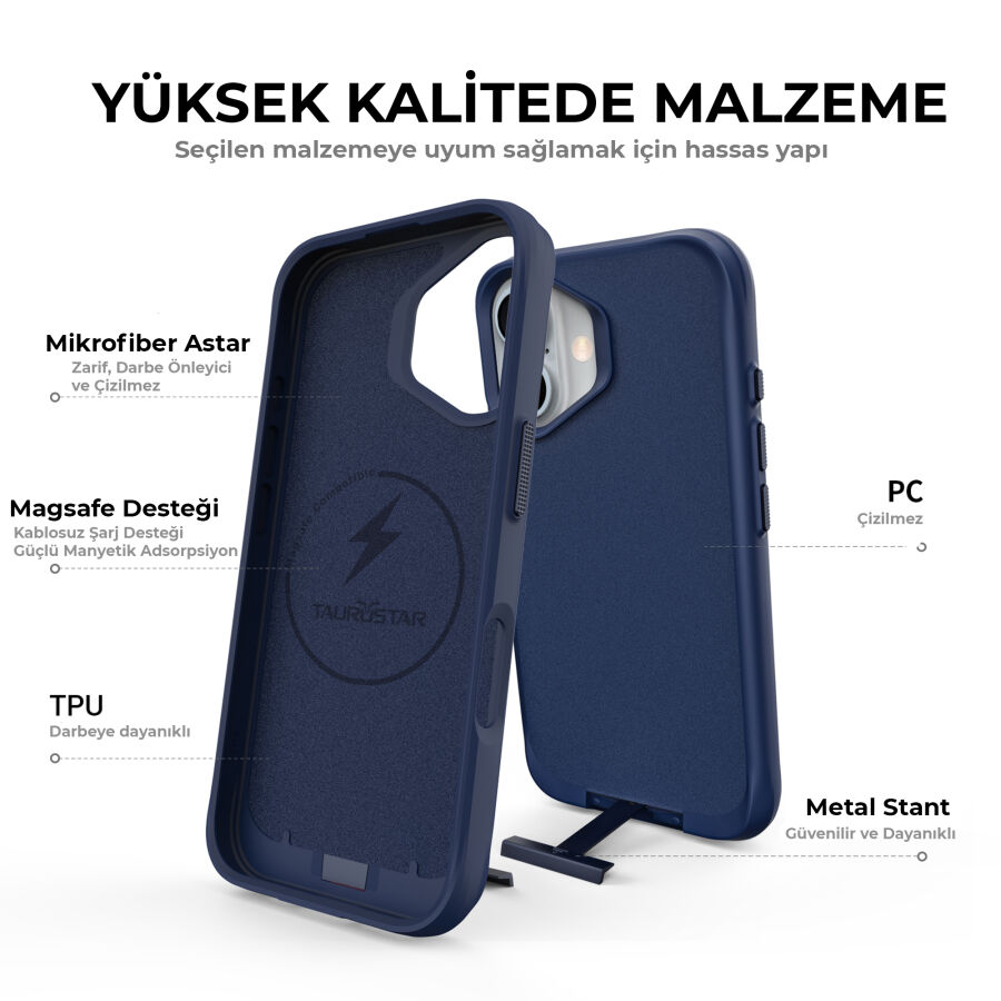 Bix iPhone 16 Plus Vortex MagSafe Kılıf Stand Özellikli 3X Korumalı Mikro Fiber İç Yüzey Gri Mavi - 5